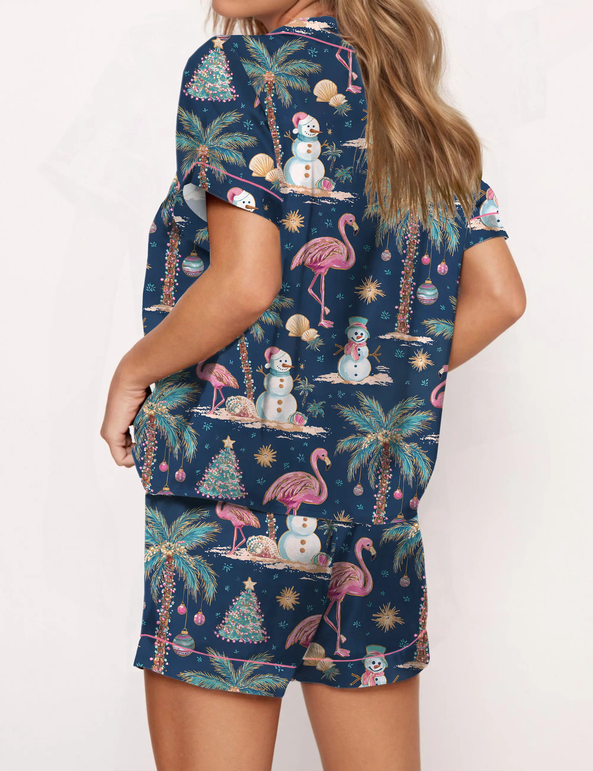 Flamingo Christmas Silky Satin Pajama Set For Women