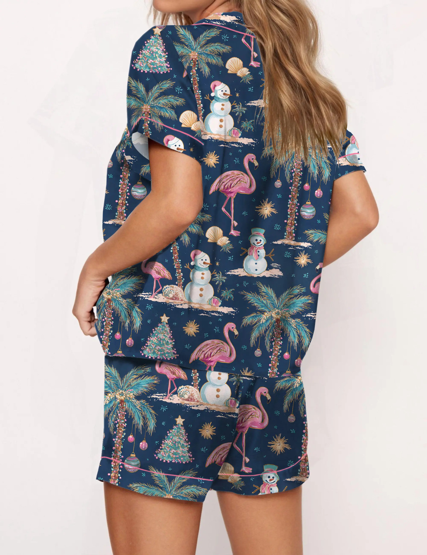 Flamingo Christmas Silky Satin Pajama Set For Women