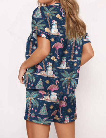 Flamingo Christmas Silky Satin Pajama Set For Women