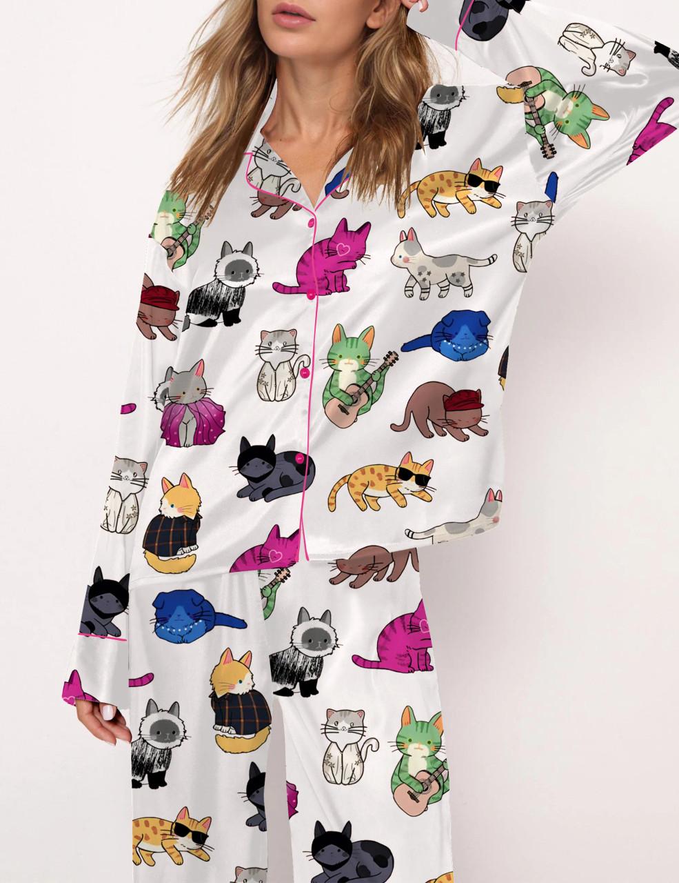 Cat Lovers Satin Pajama Set For Women