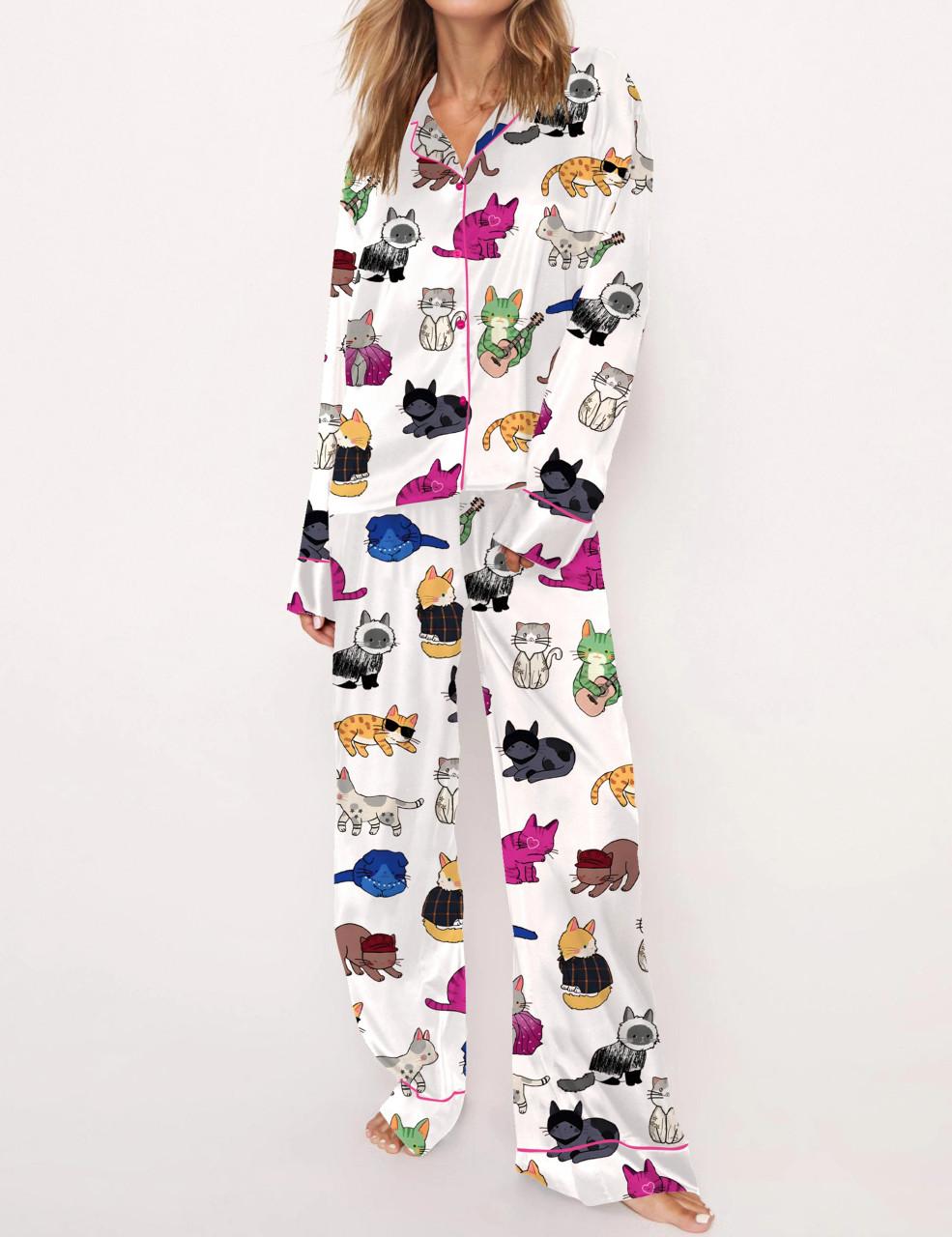Cat Lovers Satin Pajama Set For Women