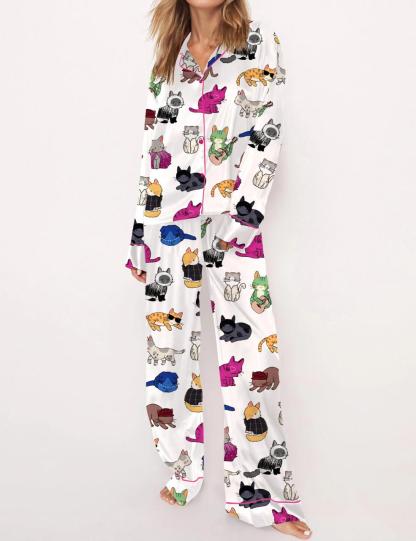 Cat Lovers Satin Pajama Set For Women