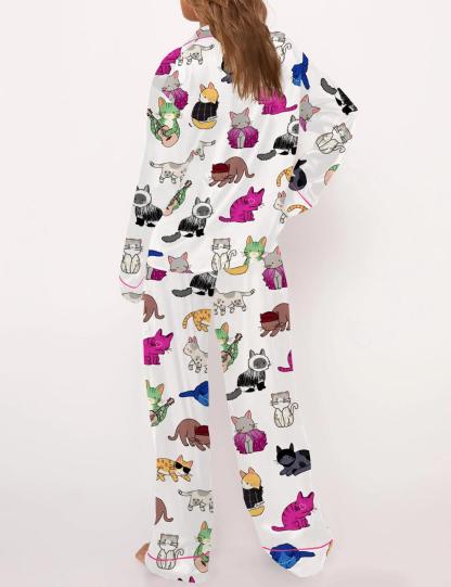 Cat Lovers Satin Pajama Set For Women