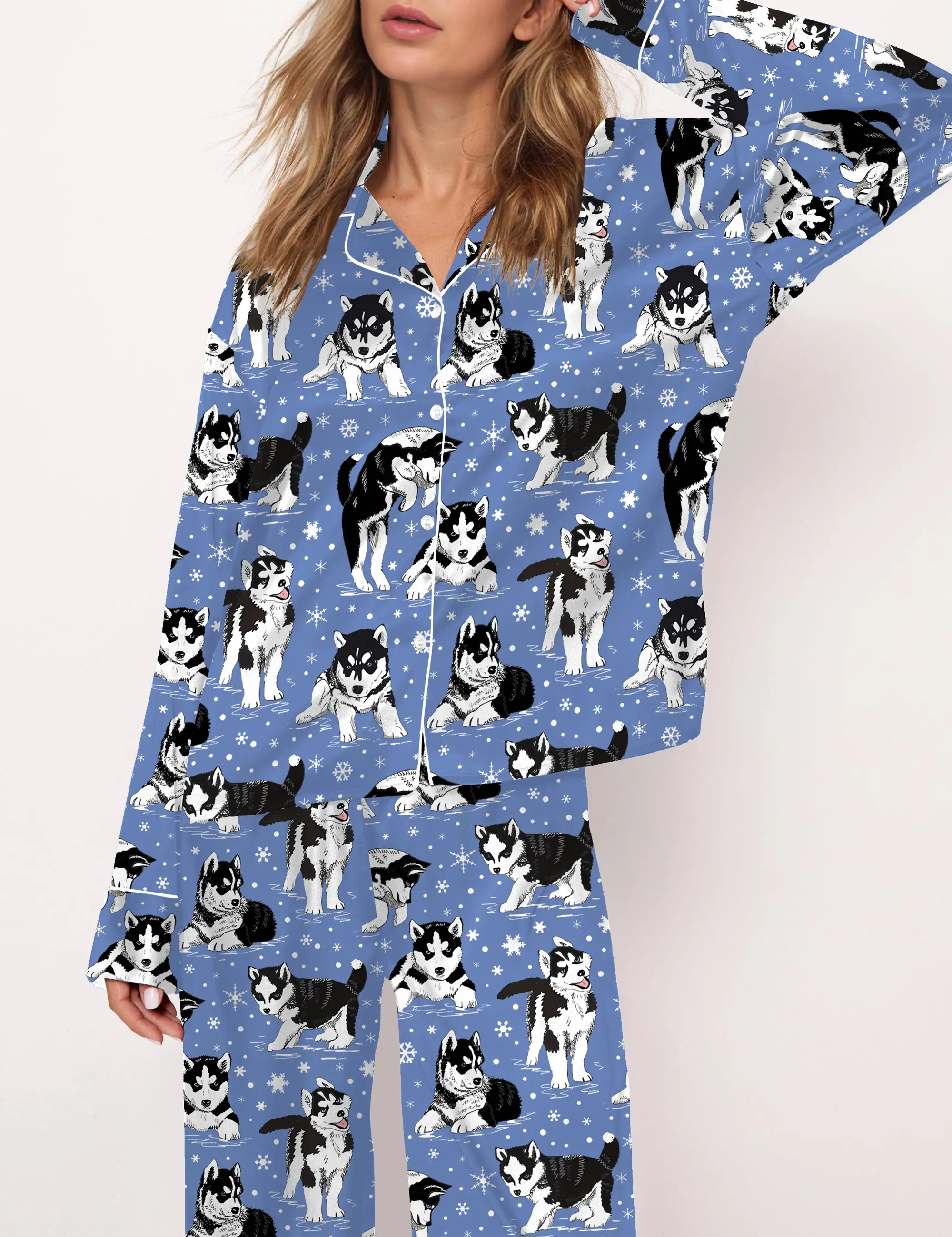 Husky And Snowflakes Silky Satin Pajama Set For Women