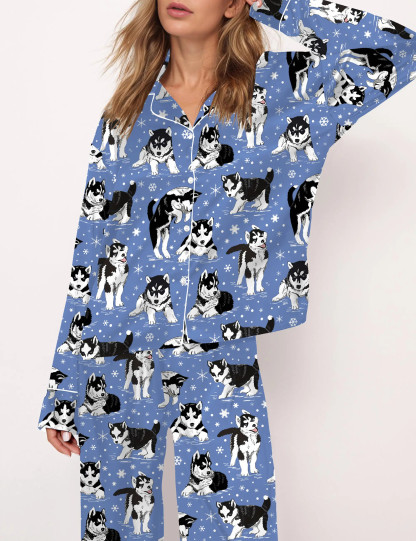 Husky And Snowflakes Silky Satin Pajama Set For Women
