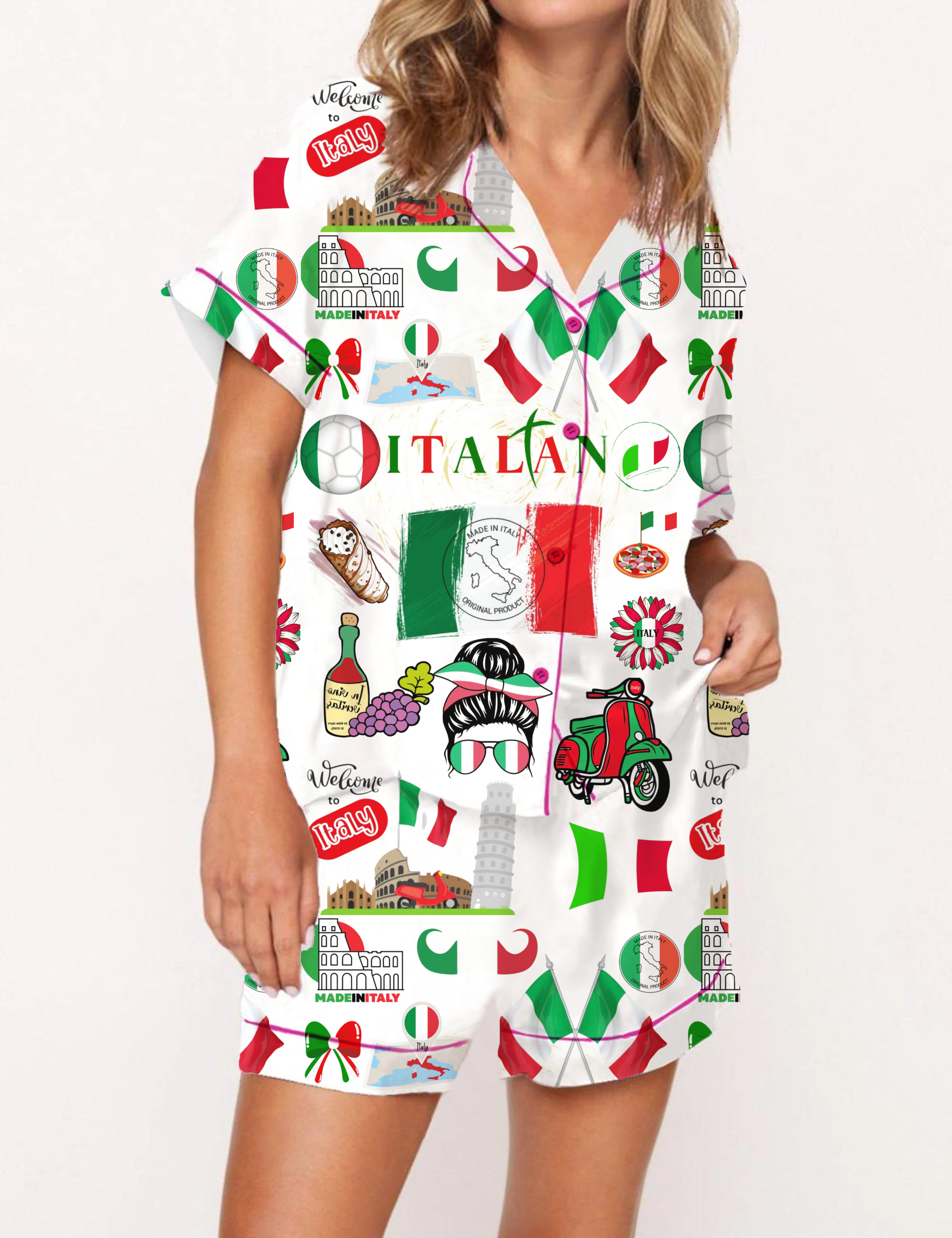 Italy Travel Silky Satin Pajama Short Set For Women