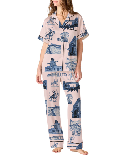 Fort Worth Toile Silky Satin Pajama Pants Set For Women