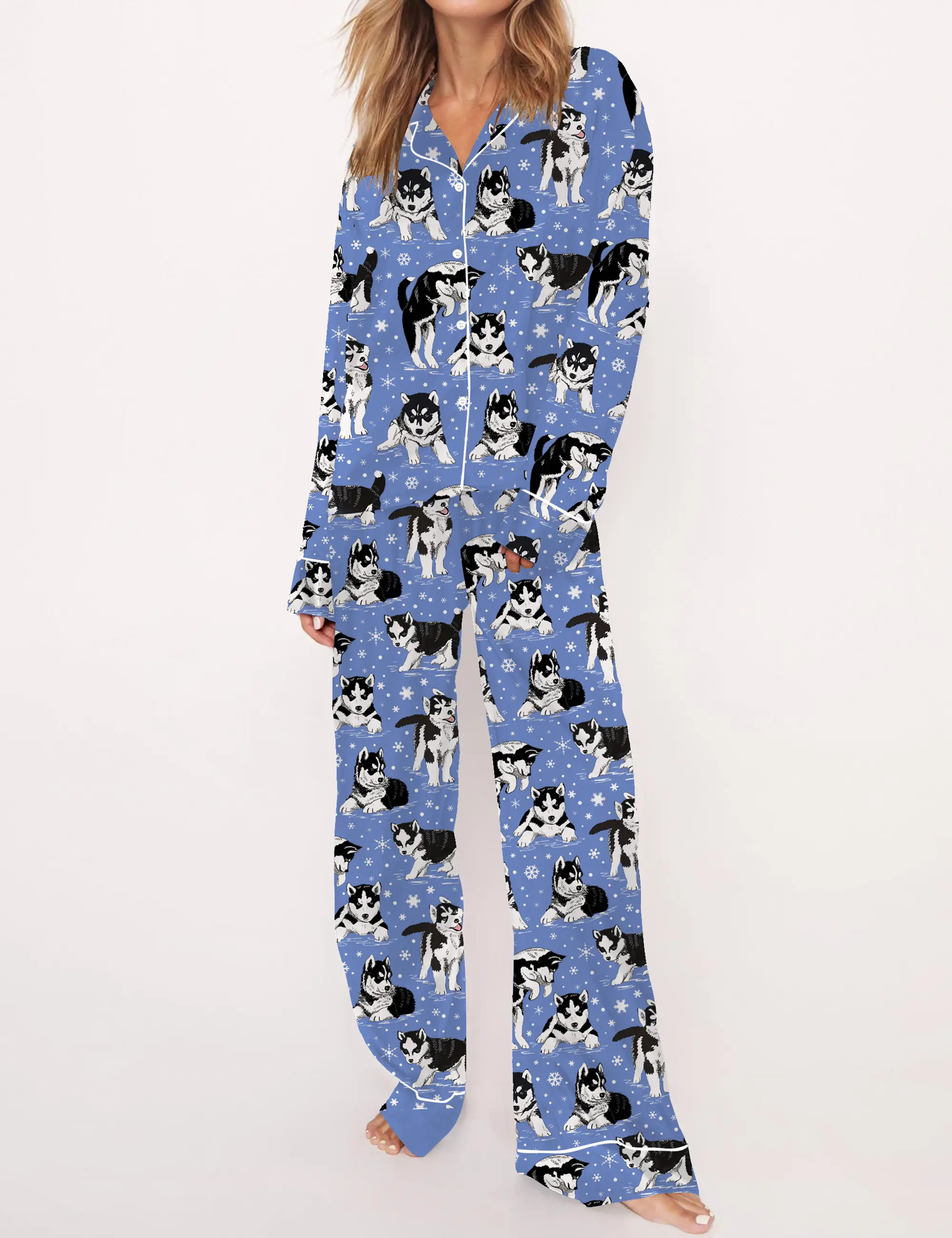 Husky And Snowflakes Silky Satin Pajama Set For Women