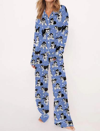 Husky And Snowflakes Silky Satin Pajama Set For Women