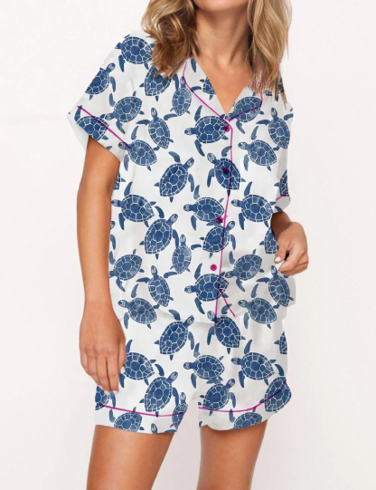 Blue Sea Turtles Pattern Satin Pajama Short Set