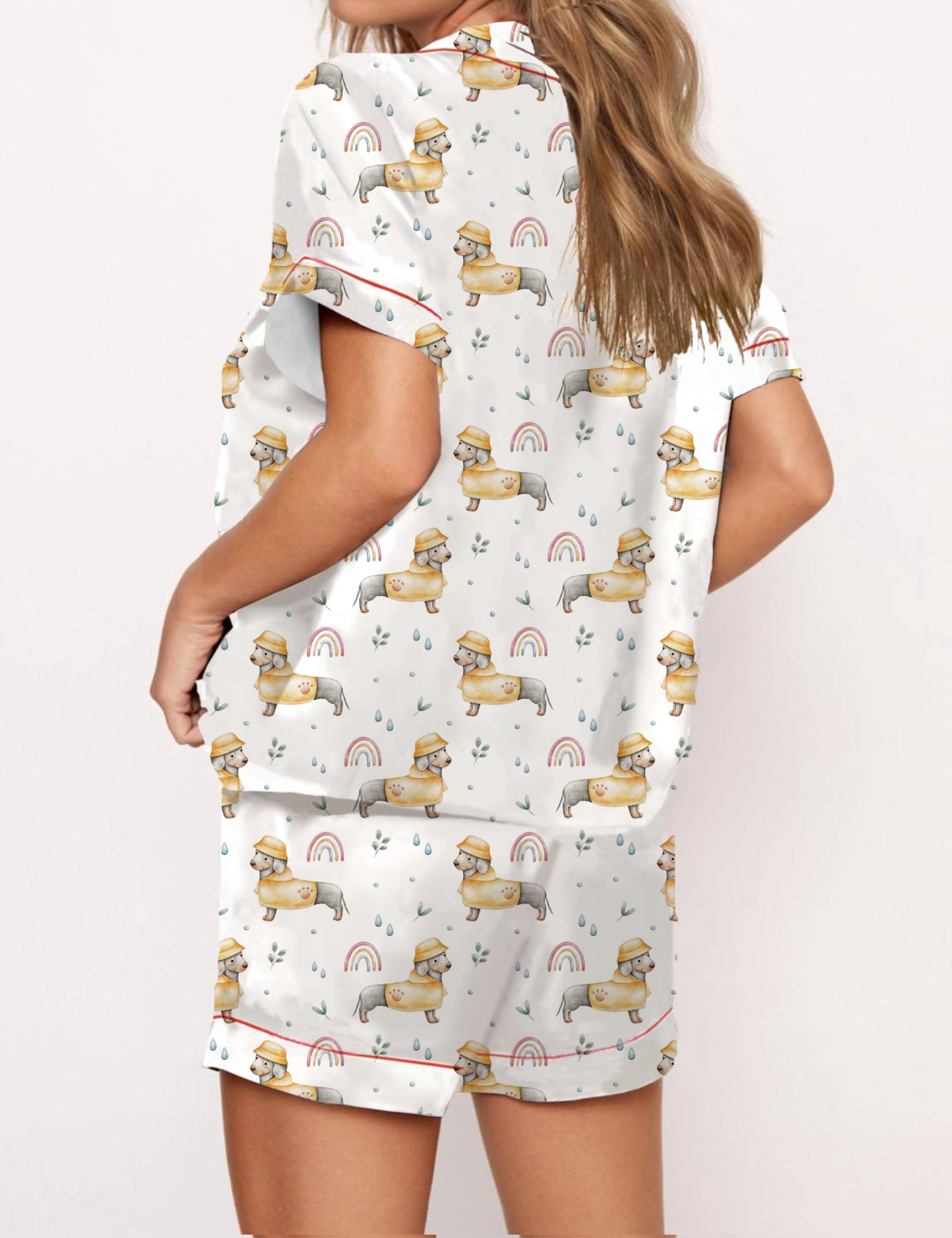 Playful Cartoon Dachshund Pattern Satin Pajama Short Set