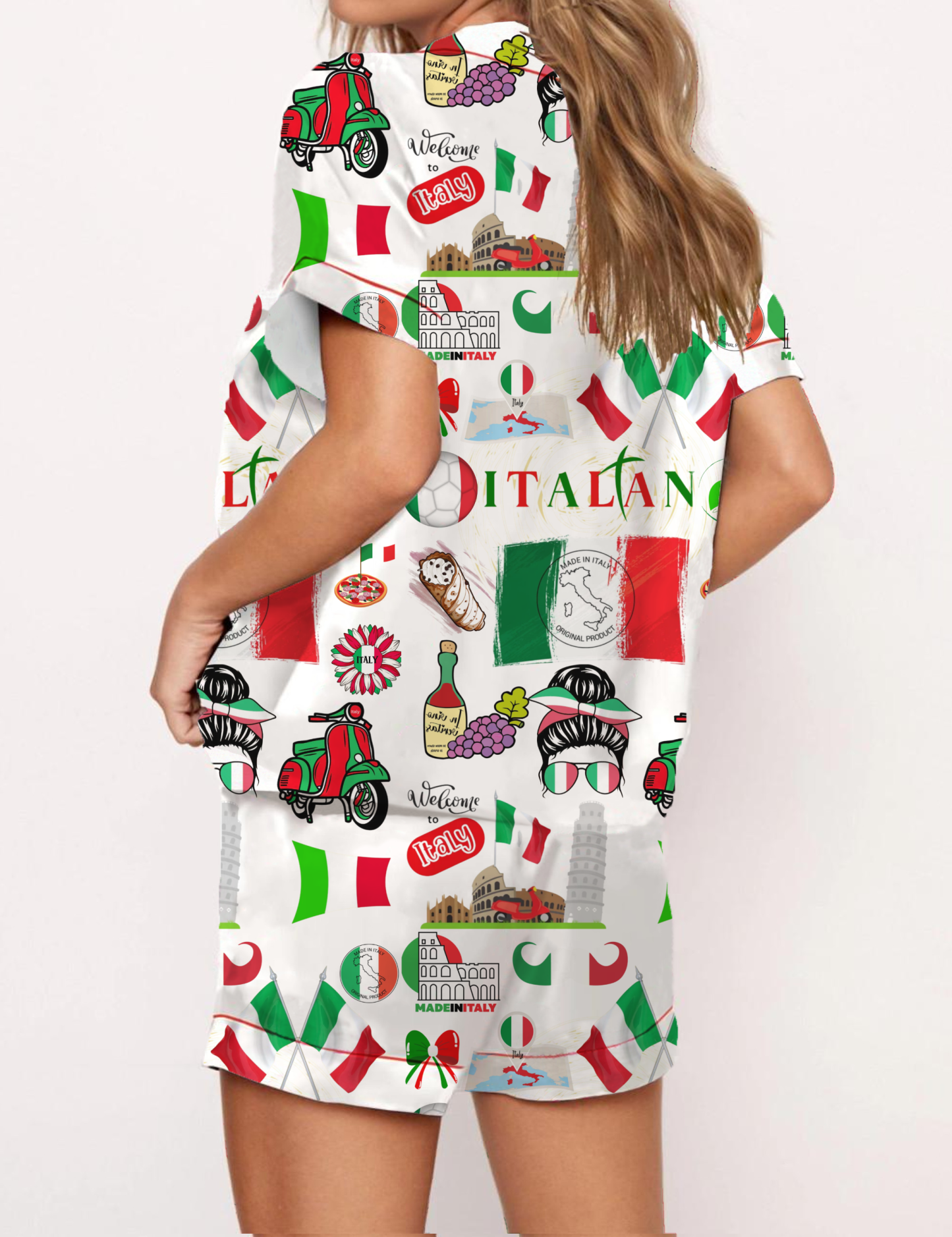 Italy Travel Silky Satin Pajama Short Set For Women