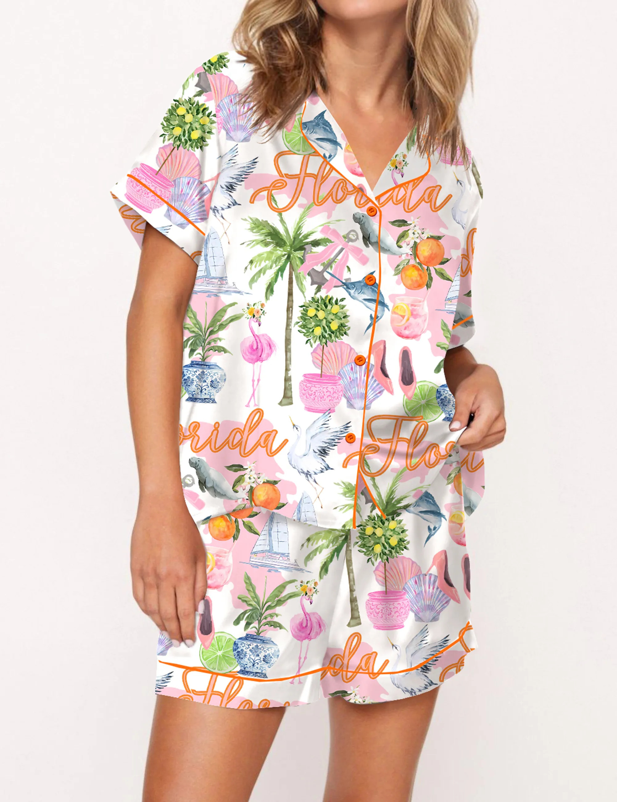 Florida Preppy Silky Satin Pajama Set For Women