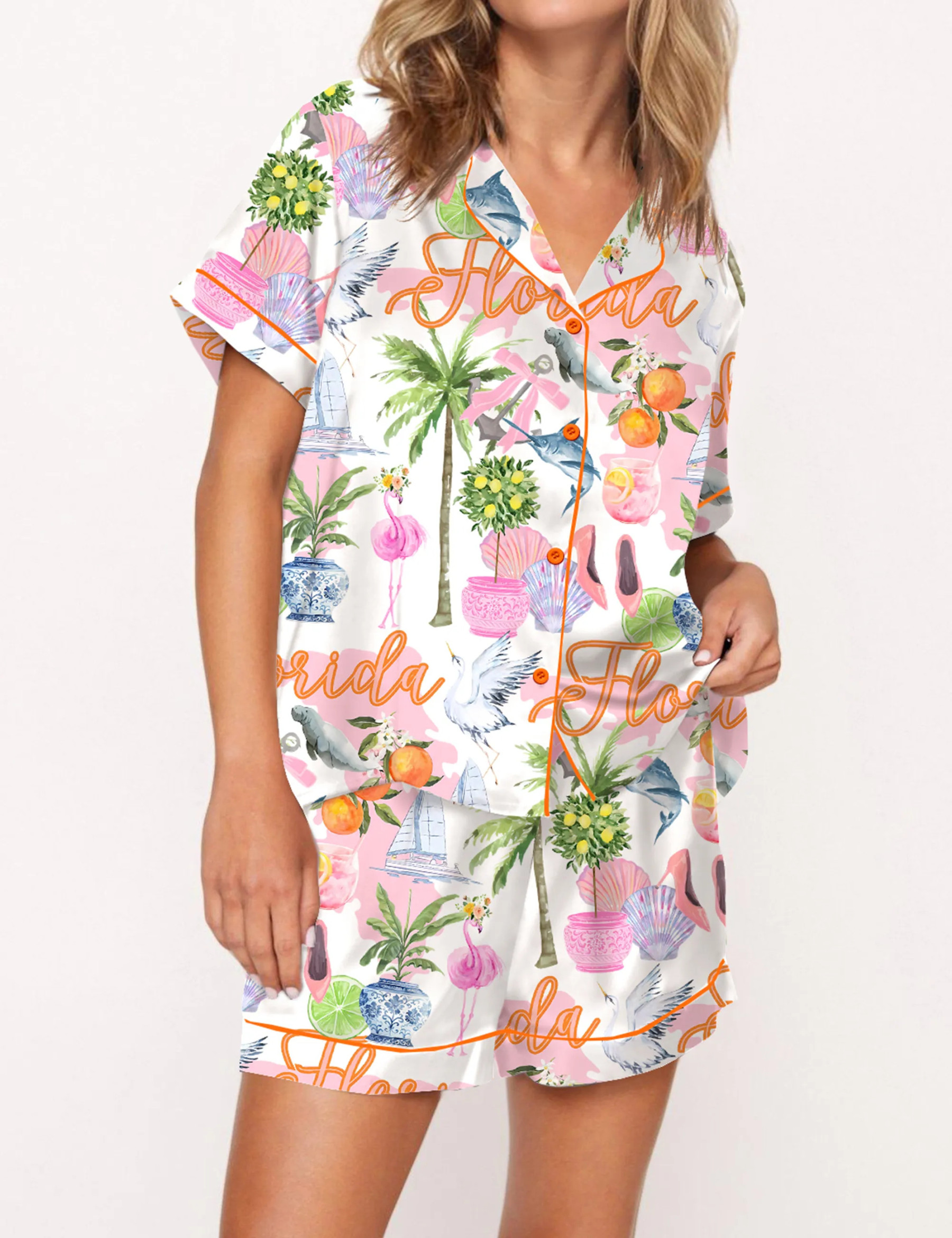 Florida Preppy Silky Satin Pajama Set For Women