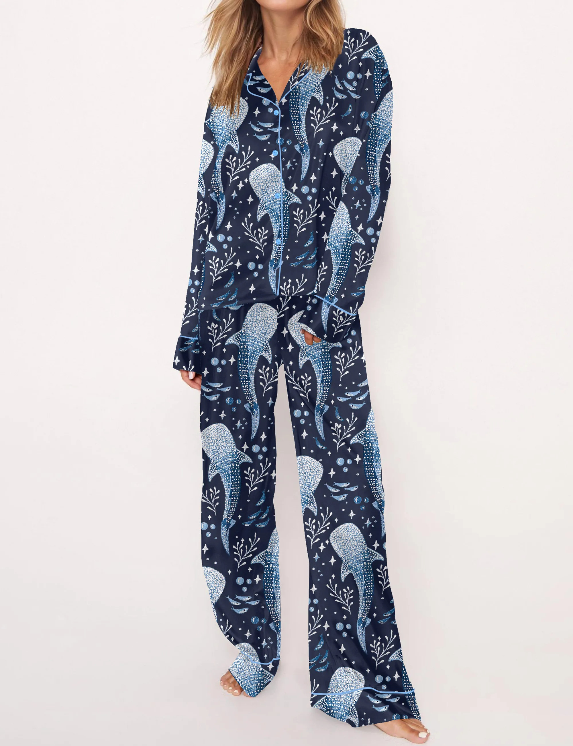 Whale Shark Satin Pajama Set For Women