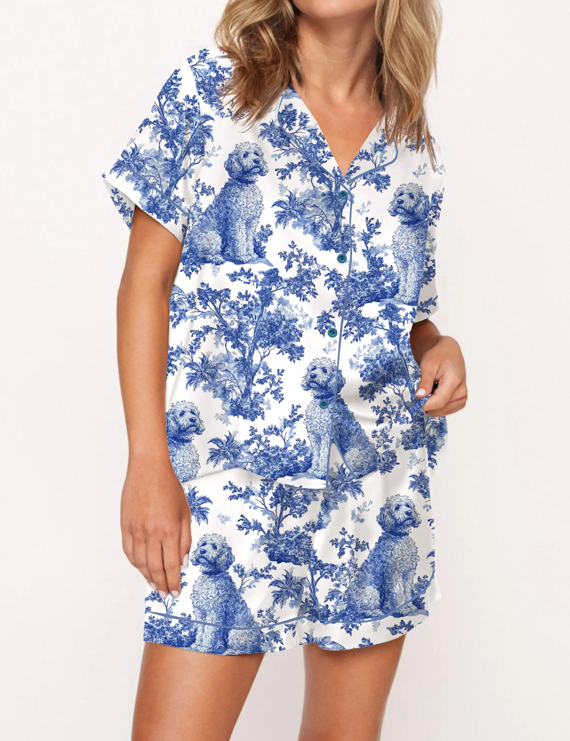 Chinoiserie Goldendoodle Silky Satin Pajama Set For Women