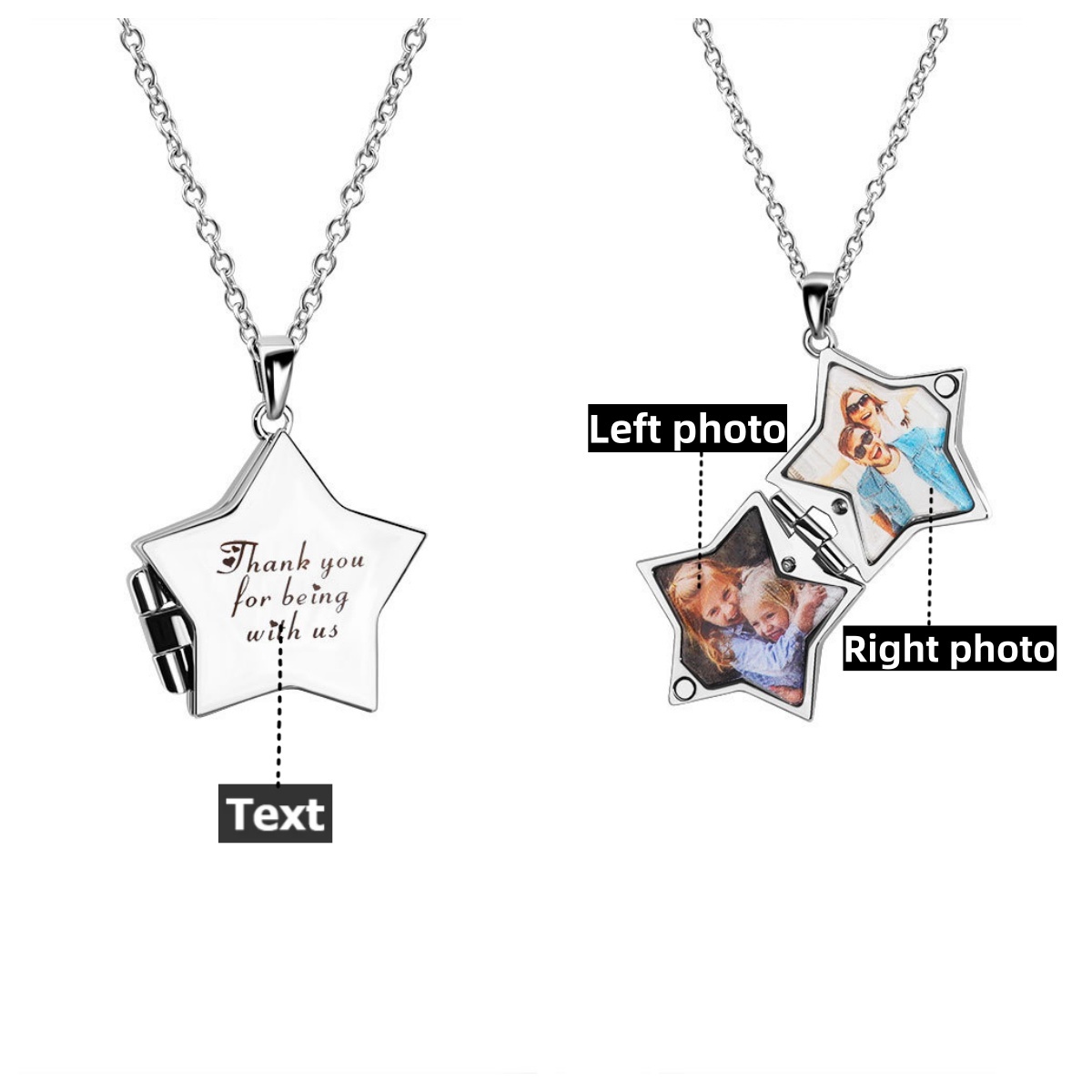 Personalized 2 Photos Square Five Stars Locket Necklace with Engraved Text Mother's Day Birthday Jewelry Gift for Women