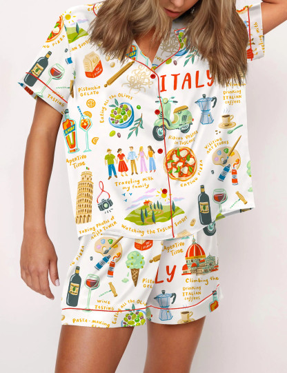 Italian Vacation Silky Satin Pajama Set For Women