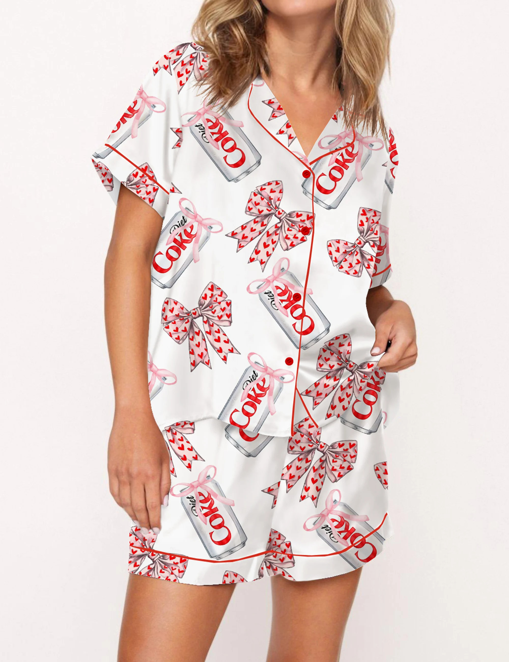 Diet Drinks Pink Bow Coquette Satin Pajama Set For Women
