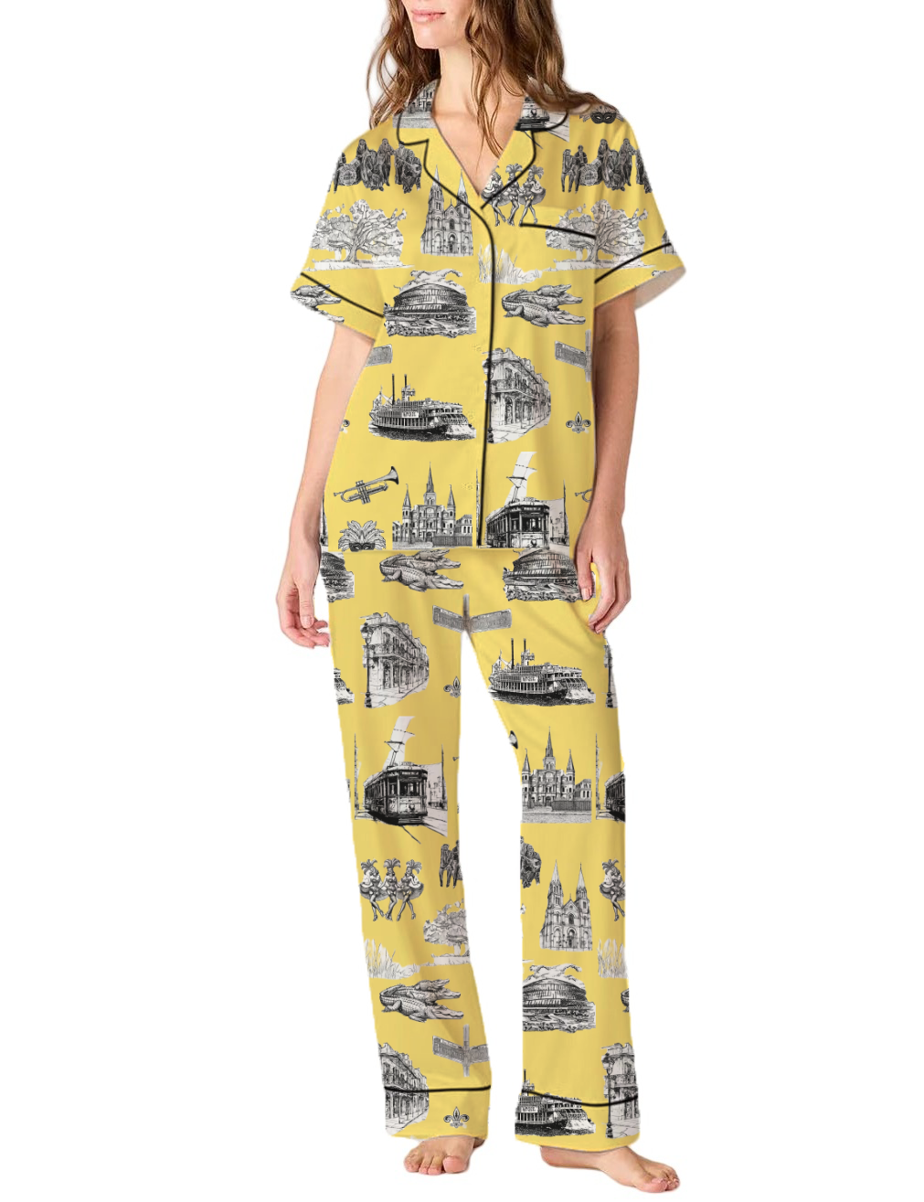 New Orleans Toile Silky Satin Pajama Pants Set For Women