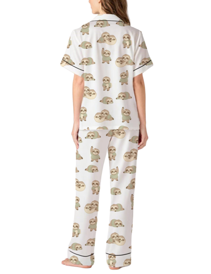 Cartoon Sloth Silky Satin Pajama Pants Set For Women