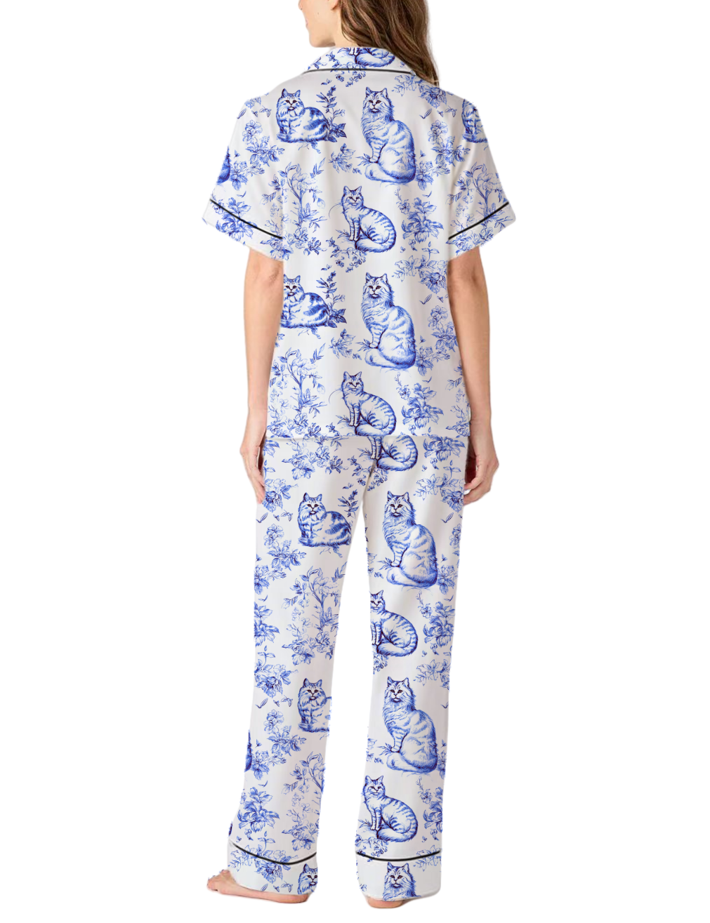 Cat Toile Silky Satin Pajama Pants Set For Women