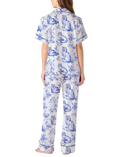 Cat Toile Silky Satin Pajama Pants Set For Women