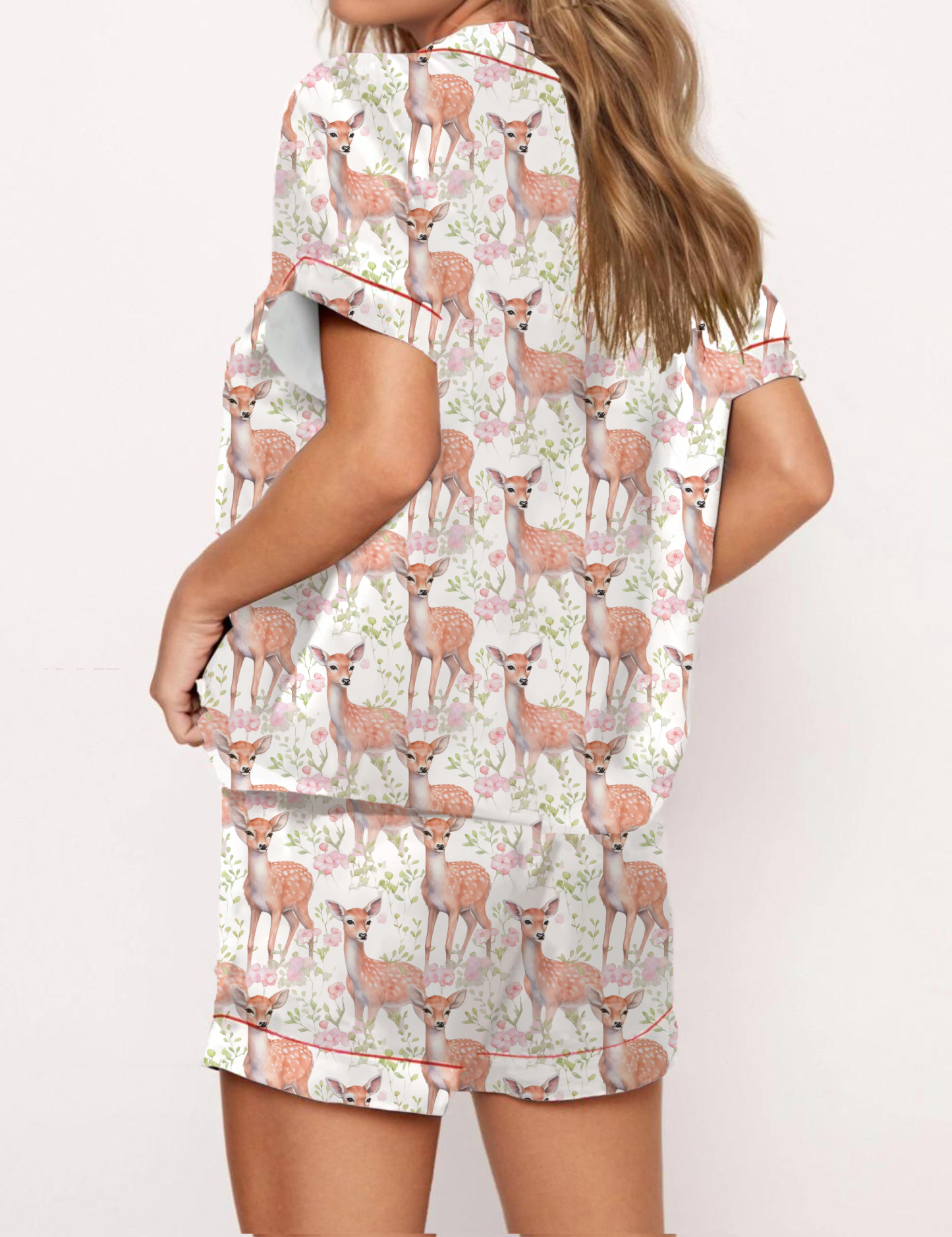 Floral Deer Silky Satin Pajama Short Set For Women