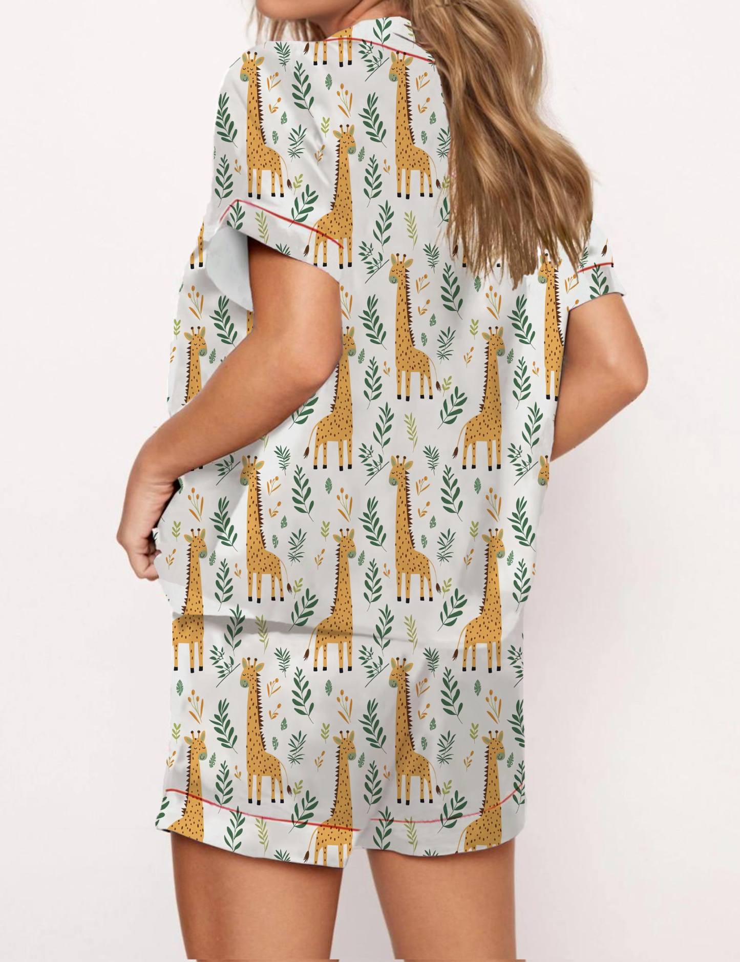 Giraffes Green Leaves Print Satin Pajama Short Set
