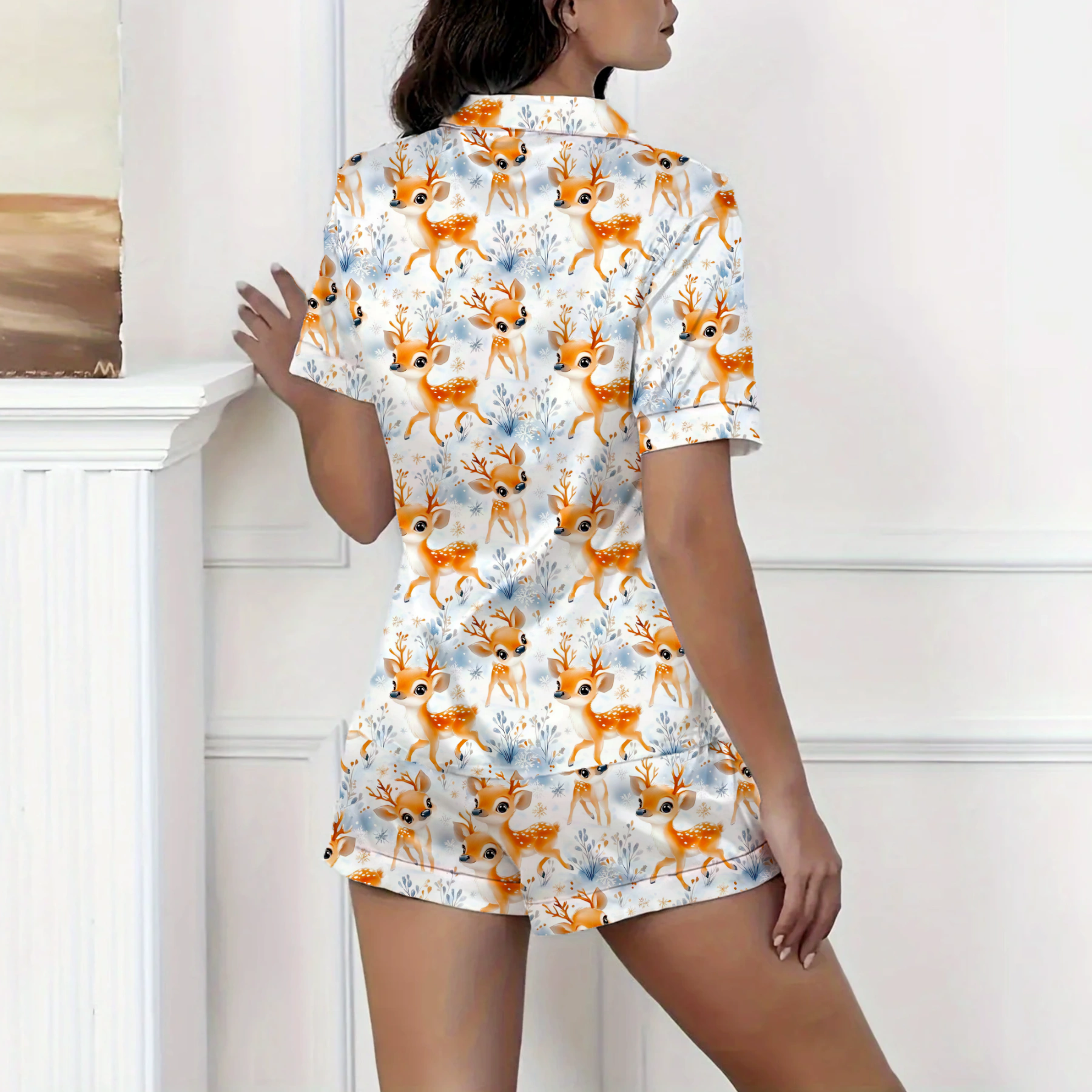 Christmas Deer Silky Satin Pajama Short Set For Women