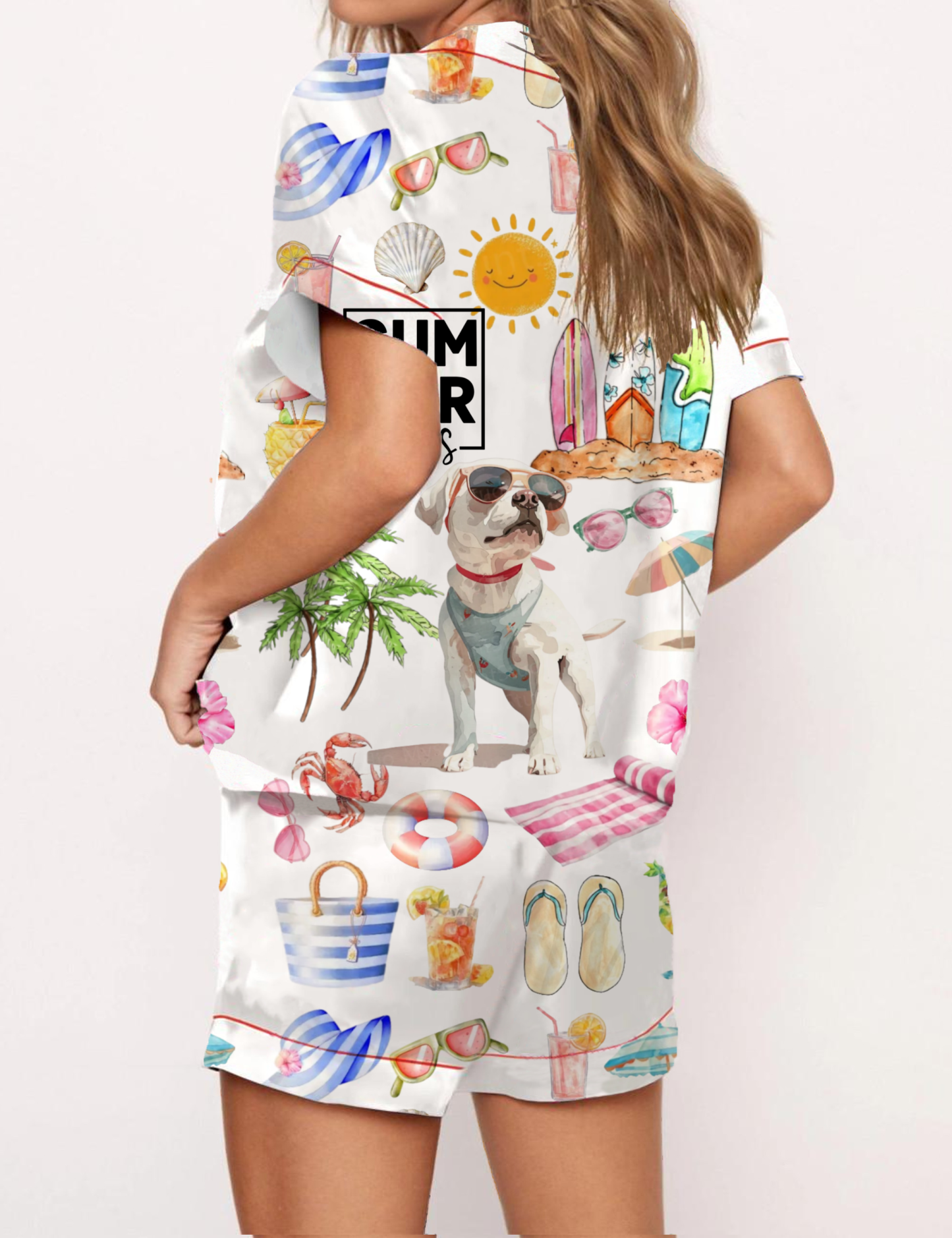 Summer Vibes With Bulldog Silky Satin Pajama Short Set For Women