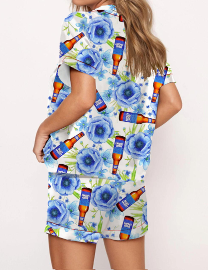 Floral Beer Silky Satin Pajama Short Set For Women