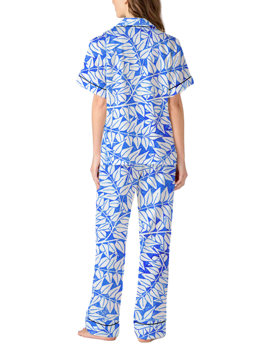 Artistic Leaf Pattern Silky Satin Pajama Pants Set For Women