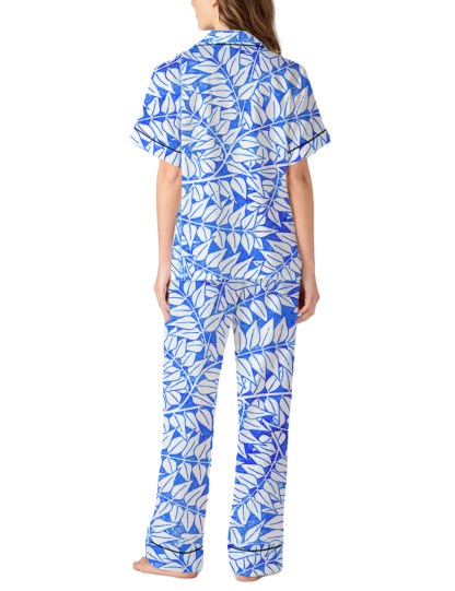 Artistic Leaf Pattern Silky Satin Pajama Pants Set For Women