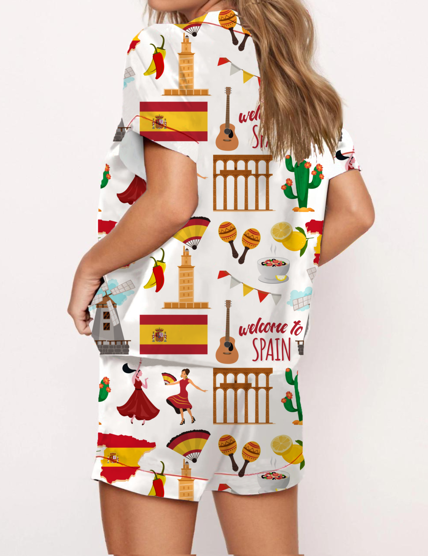 Spain Travel Silky Satin Pajama Short Set For Women