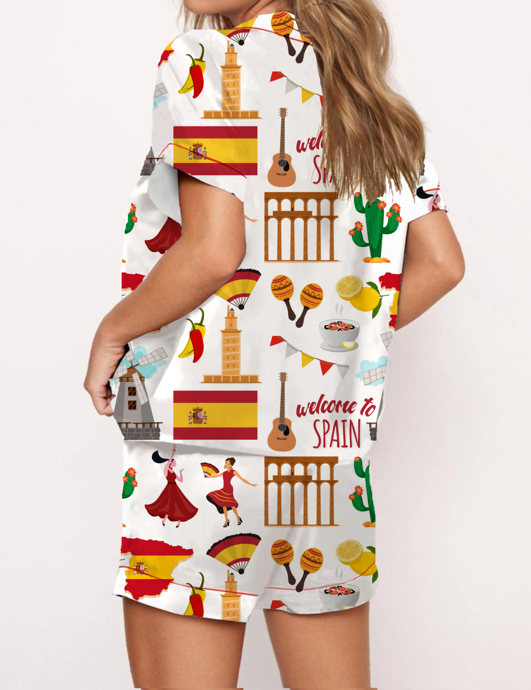 Spain Travel Silky Satin Pajama Short Set For Women