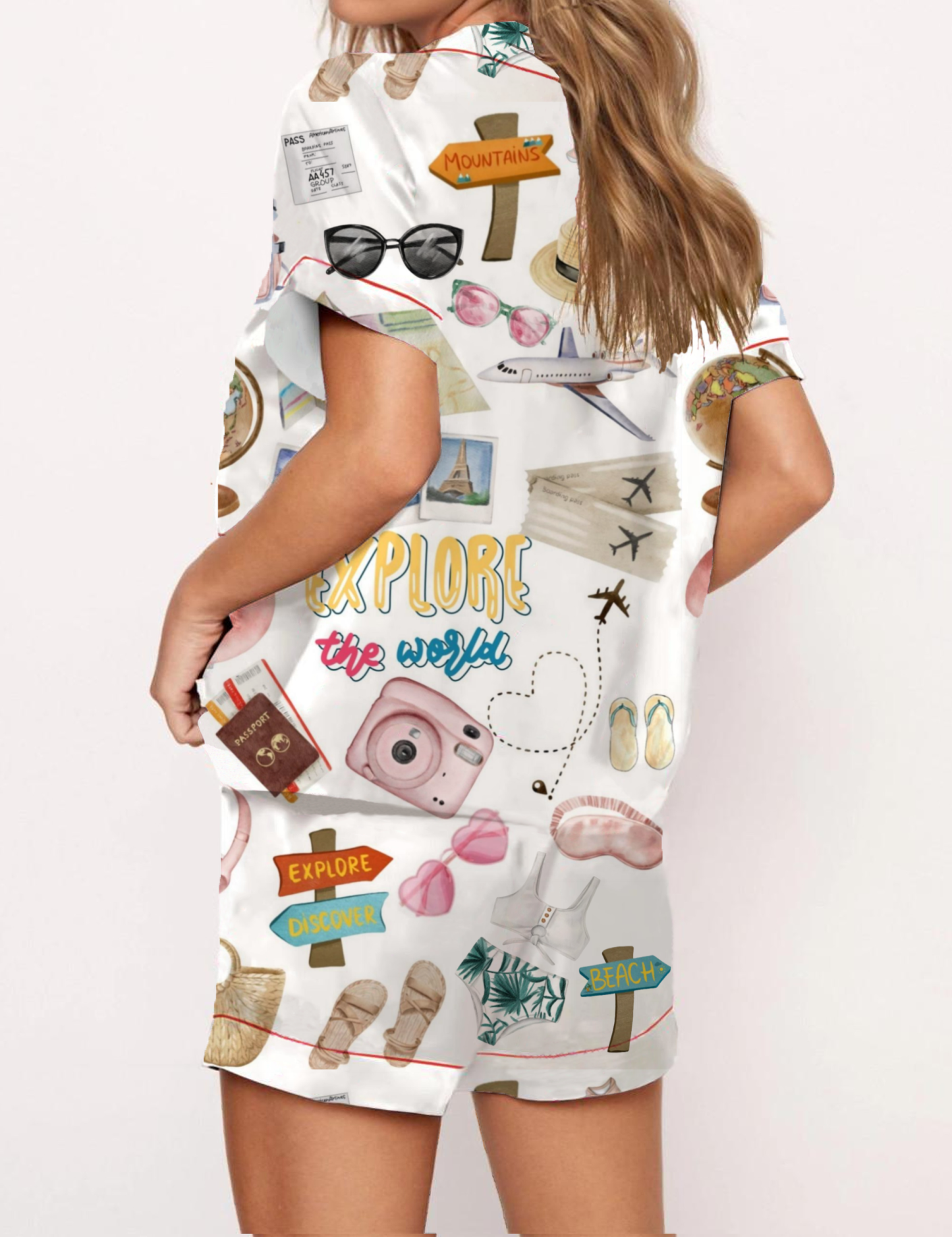 Explore the world Travel Silky Satin Pajama Short Set For Women