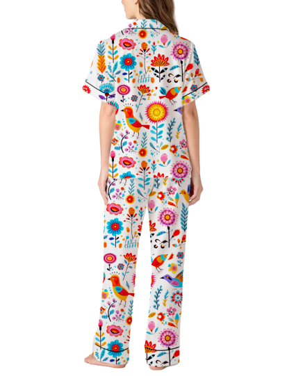 Mexican Flower Cinco de Mayo Floral Silky Satin Pajama Pants Set For Women