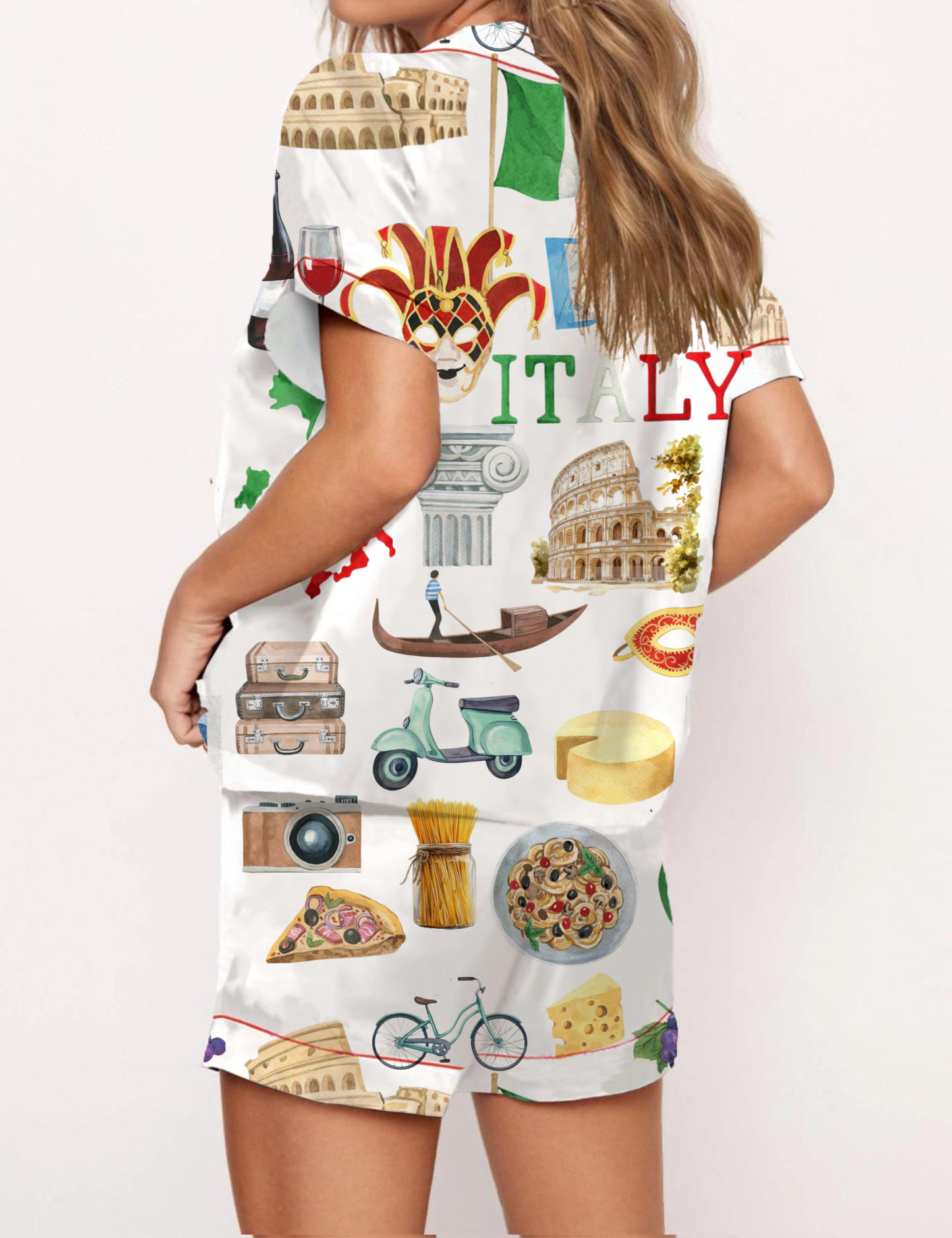 Italy Roma Travel Silky Satin Pajama Short Set For Women