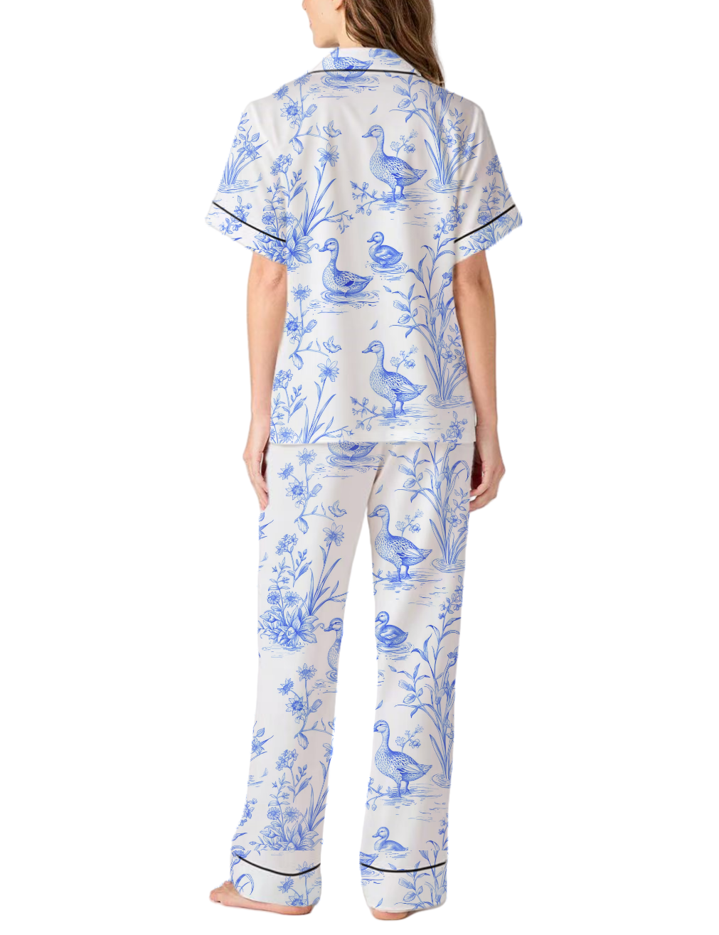 Duck Toile Silky Satin Pajama Pants Set For Women