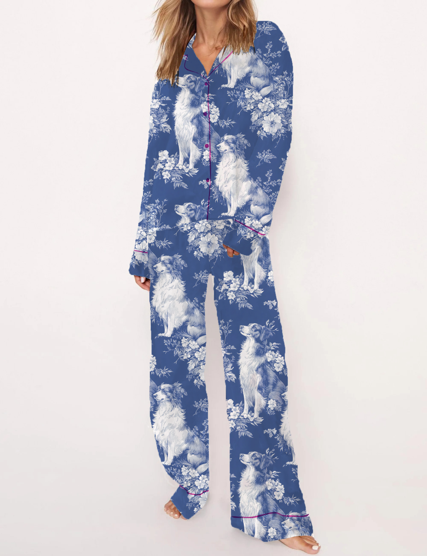 Border Collie Silky Satin Pajama Short Set For Women