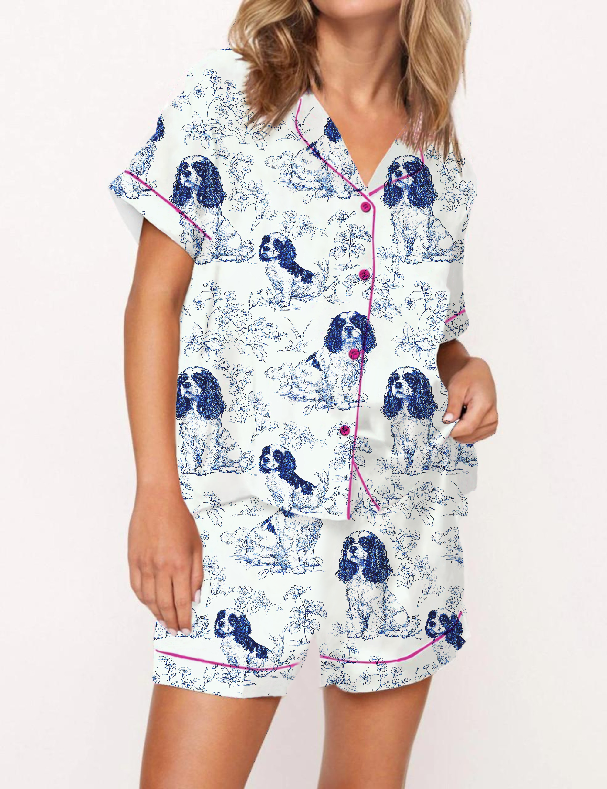 Cavalier King Charles Spaniel Silky Satin Pajama Short Set For Women