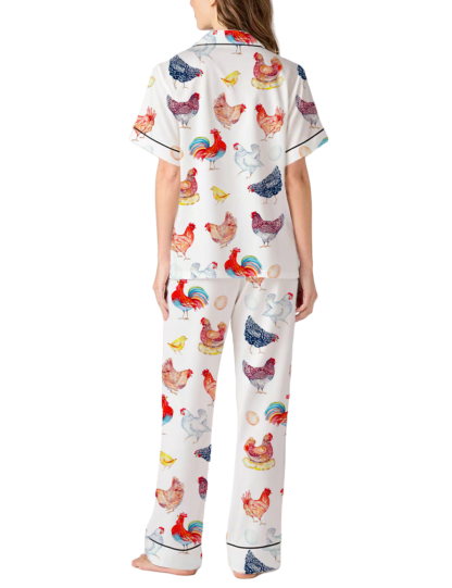Poultry Theme Silky Satin Pajama Pants Set For Women