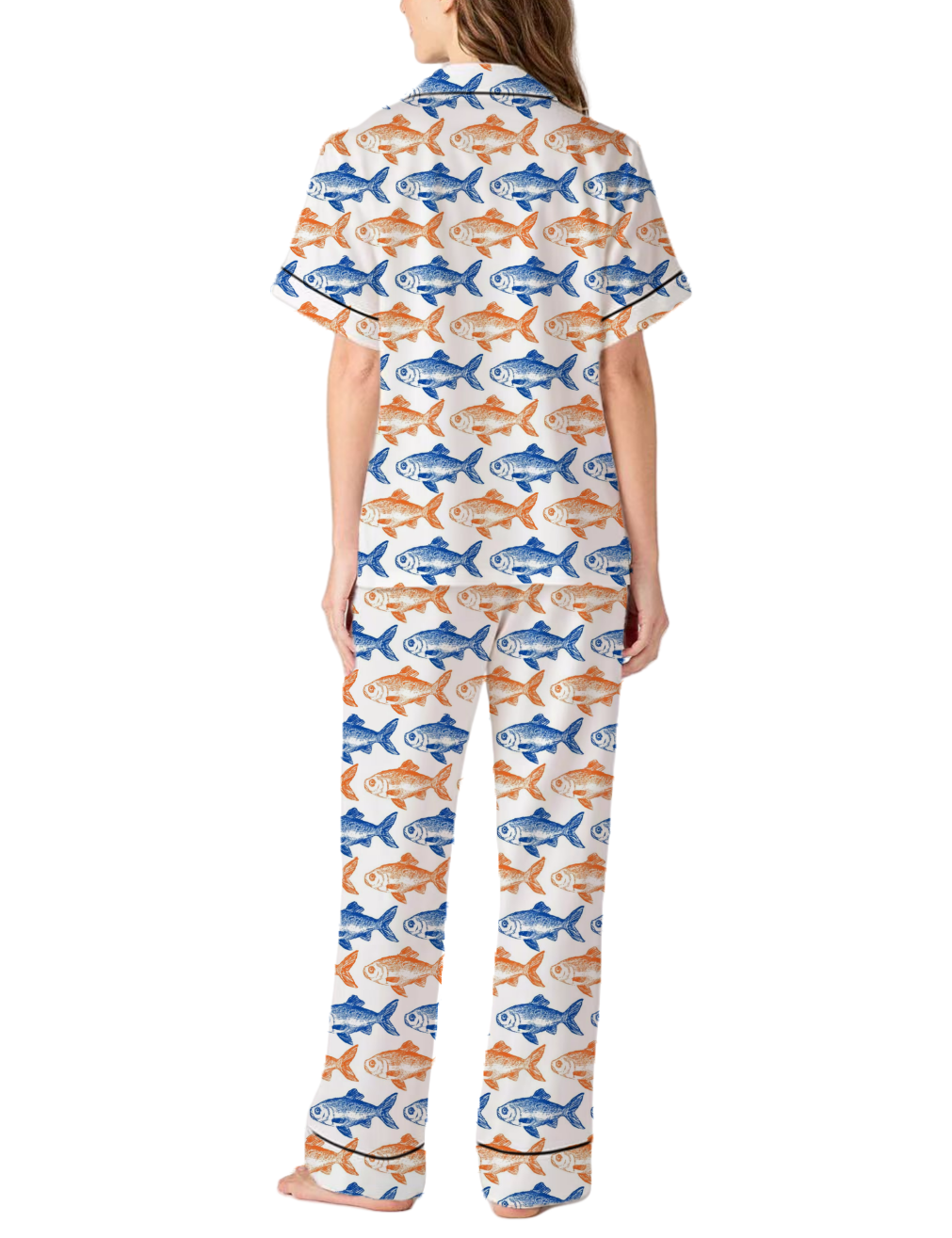 Fish Shaped Pattern Silky Satin Pajama Pants Set For Women
