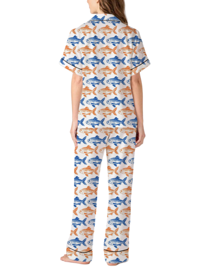 Fish Shaped Pattern Silky Satin Pajama Pants Set For Women