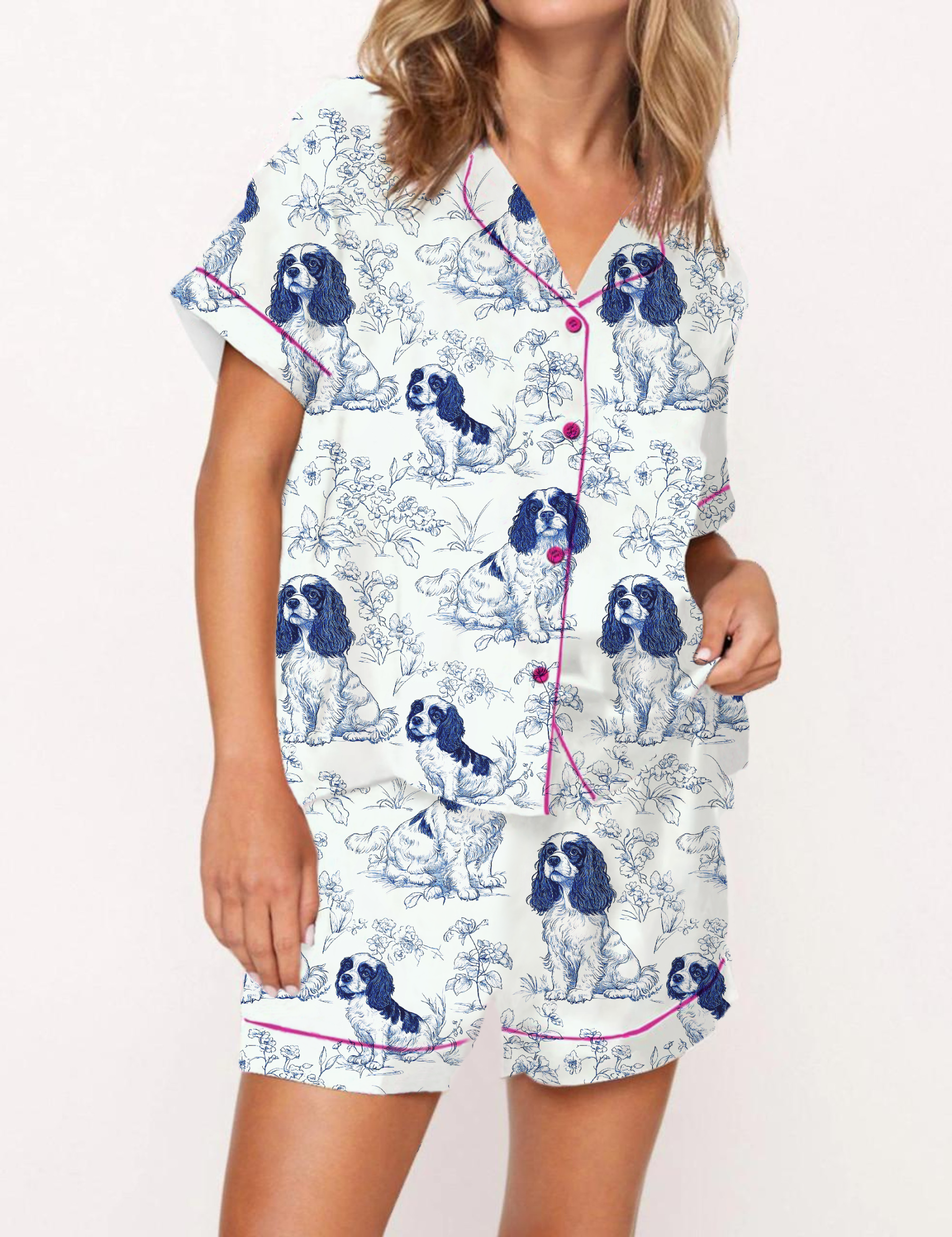Cavalier King Charles Spaniel Silky Satin Pajama Short Set For Women