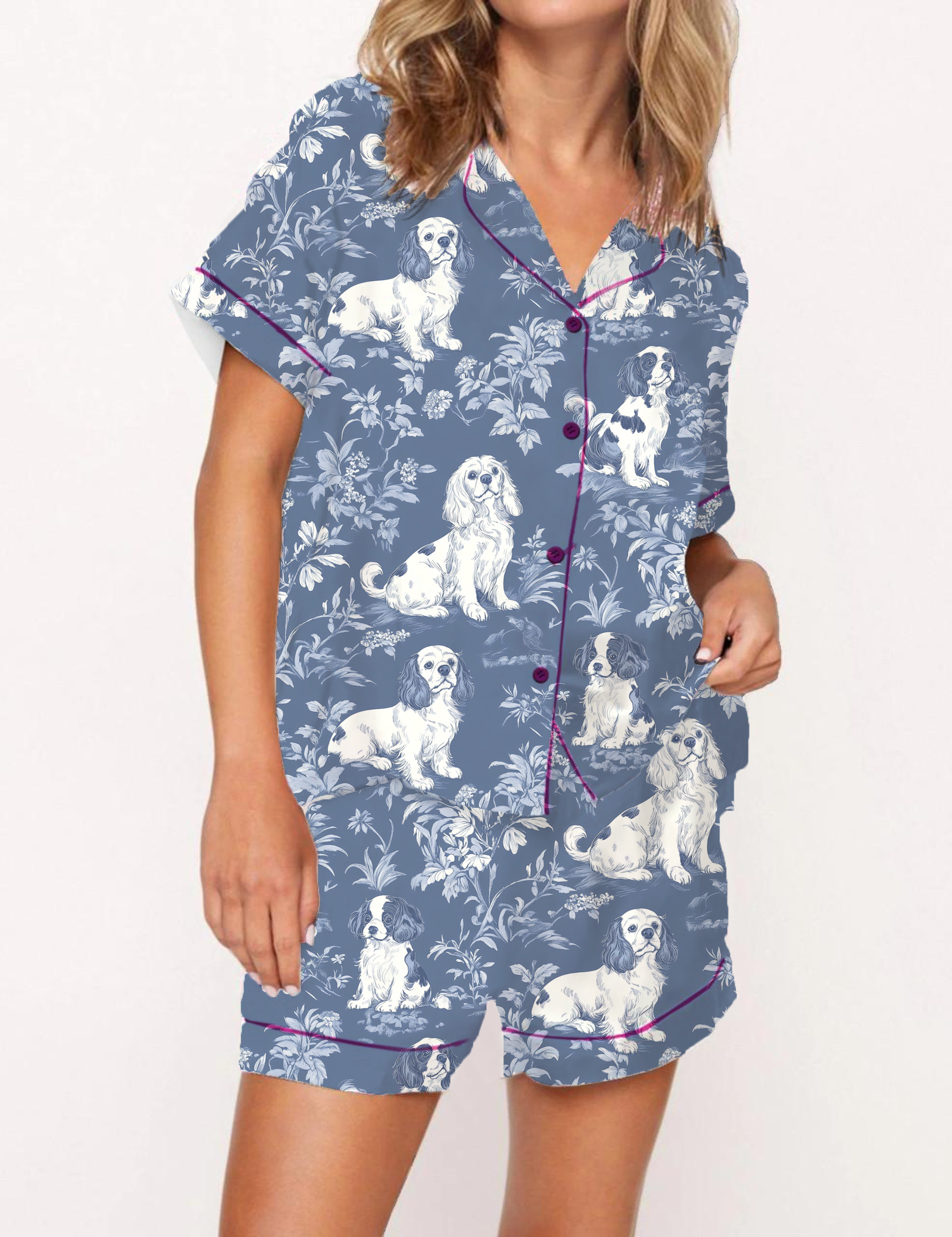 Cavalier King Charles Spaniel Silky Satin Pajama Short Set For Women