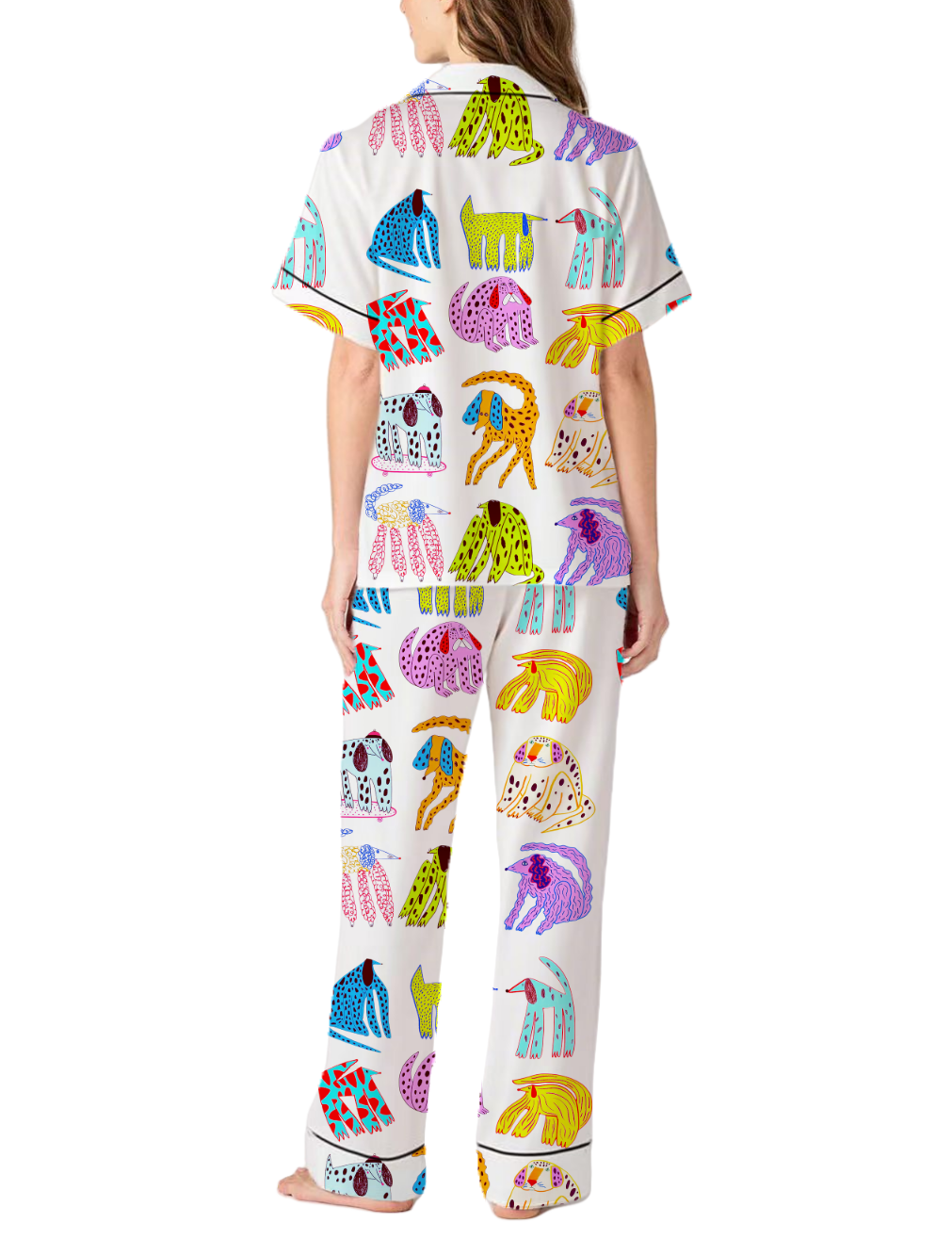 Dog Illustrations Silky Satin Pajama Pants Set For Women