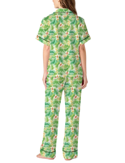 Hawaiian Style Pattern Silky Satin Pajama Pants Set For Women