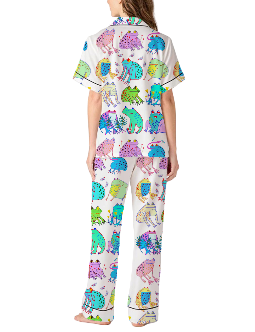 Colorful Frogs Silky Satin Pajama Pants Set For Women
